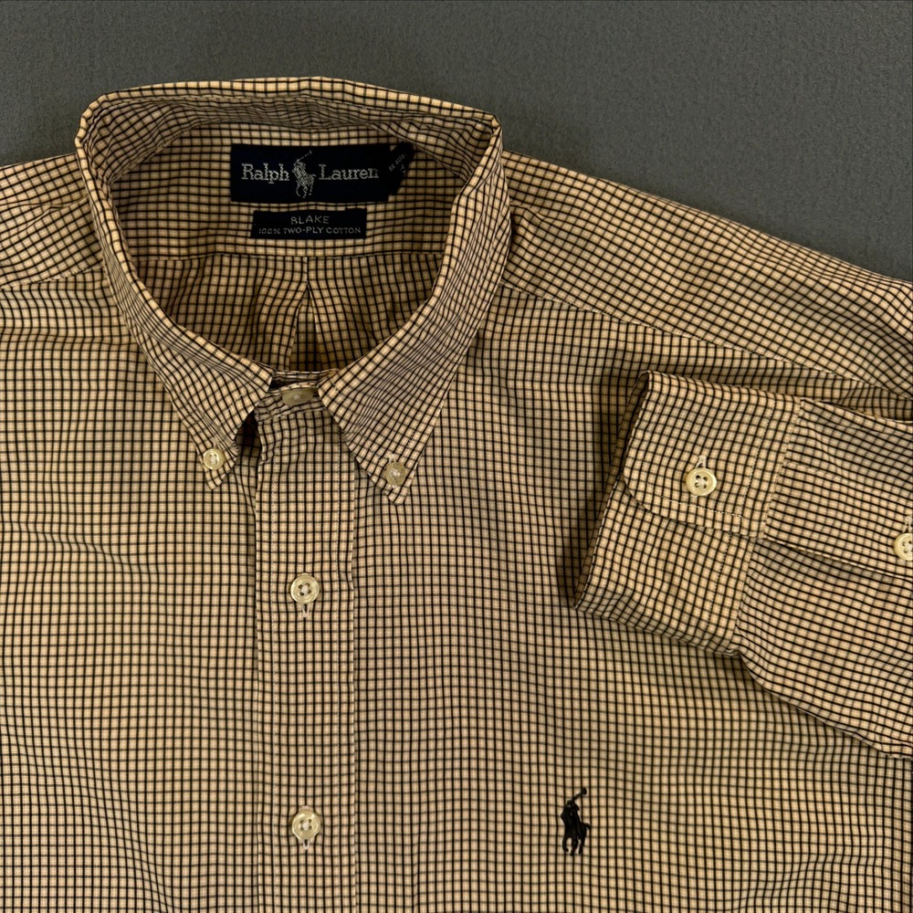 Ralph Lauren Blake Mens Medium Yellow Black Checkered Cotton Button Down Shirt